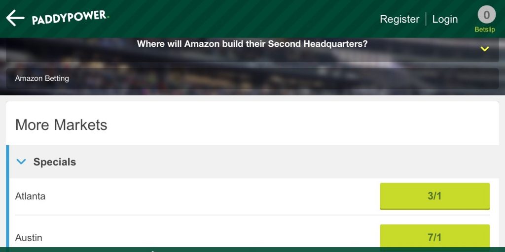 Paddy Power, located in Ireland, gave Atlanta 3-1 odds to win Amazon's HQ2.