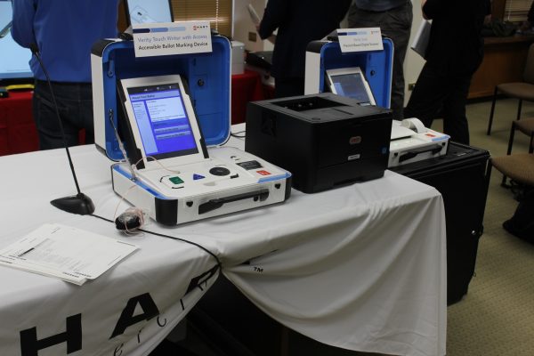 Hart Intercivic, like the other voting machine companies, said it can operate a variety of different systems with paper ballots or a paper trail. (Johnny Kauffman/WABE)
