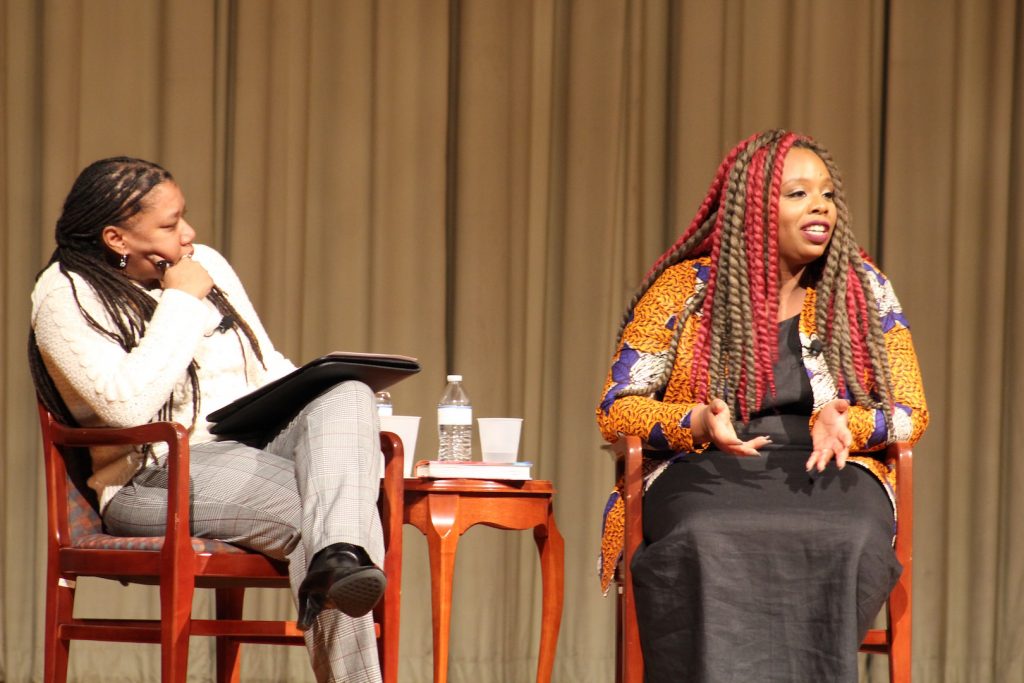 Patrisse Khan Cullors, right, co-founder of Black Lives Matter, spoke with Rose Scott at the Carter Center back in 2018.