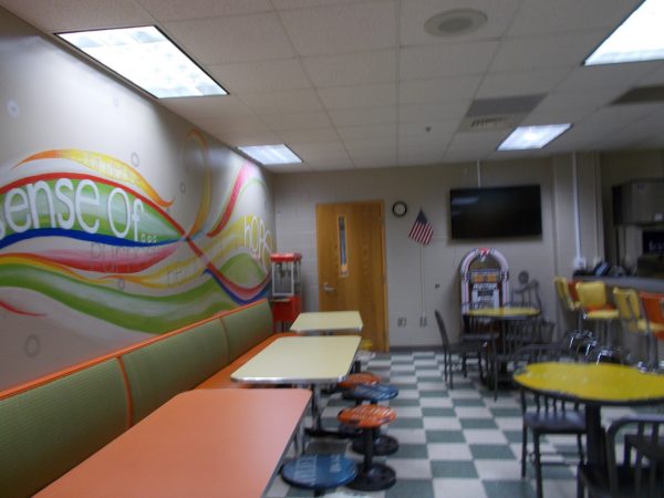 Students can hang out, talk and eat here in the Good Vibes Café during the day. It’s part of the Graduate Marietta Student Success Center. (Martha Dalton/WABE)