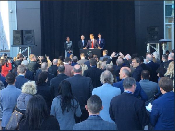 Mercedes-Benz USA CEO Dietmar Exler spoke at the company's grand opening of the new North American headquarters in Sandy Springs on March 15. He was joined by Atlanta Mayor Keisha Lance Bottoms, Sandy Springs Mayor Rusty Paul and Georgia Gov. Nathan Deal. (Tasnim Shamma/WABE)