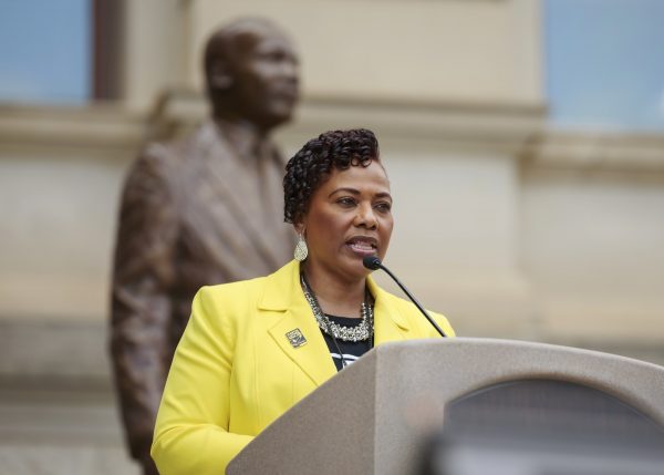 Bernice King, daughter of Dr. Martin Luther King Jr., addresses the crowd at the Georgia state Capitol on Monday. A March for Humanity, marking the 50th anniversary of the civil rights leader’s funeral, commenced at historic Ebenezer Baptist Church and concluded at the state Capitol. (Todd Kirkland/Associated Press)