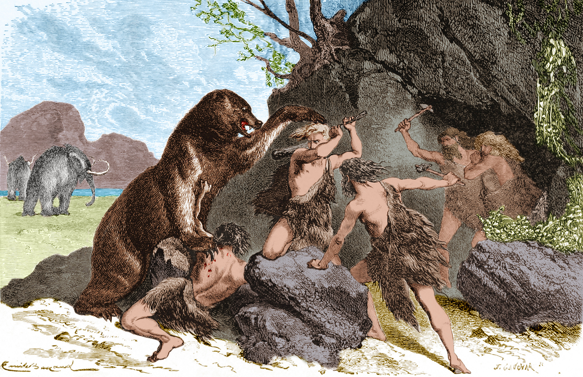 An illustration from 1870 shows Prehistoric men using wooden clubs and ston...