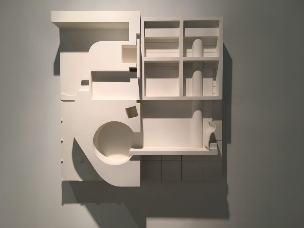 At the gallery, a sculpture by Anthony Ames resembles a white foamboard architectural mockup. (Myke Johns/WABE)