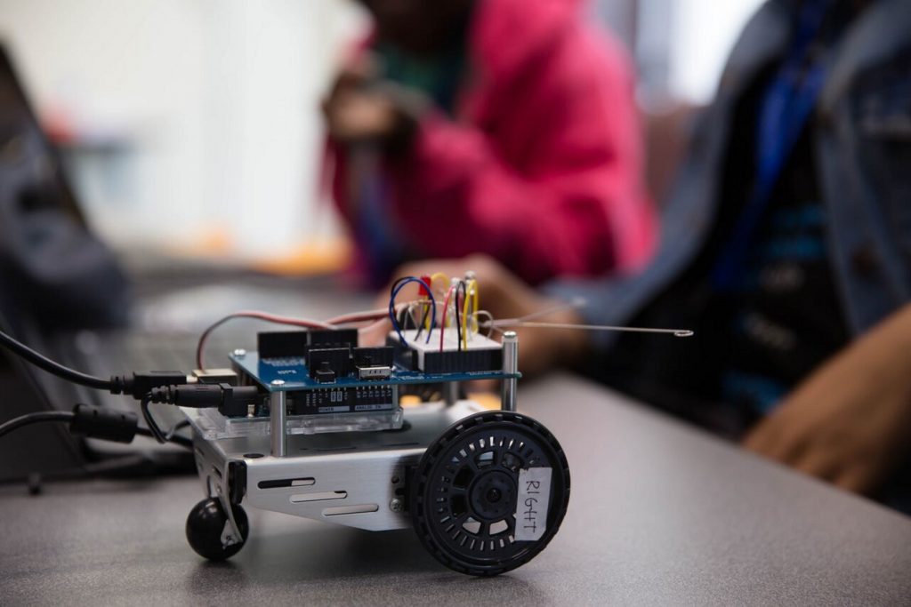 During the third week of their program, students in the Girls Who Code summer session at AT&T were working to program this robot to navigate a room. (Ian Palmer/WABE)