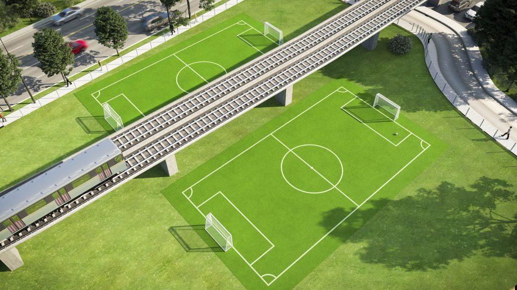 Kids will be able to play on the miniature, turf soccer fields for free at the West End MARTA station. (Courtesy of The Blank Family of Businesses)