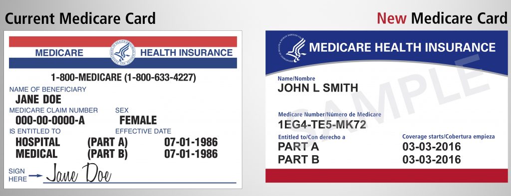 This image provided by the Centers for Medicare & Medicaid Services shows what the new Medicare card, right, looks like, compared to the current one at left. The cards are getting a makeover to fight identity theft. No more Social Security numbers will be placed on the card. Medicare is mailing every beneficiary a new card with a unique new number to identify them. (Centers for Medicare & Medicaid Services via AP)