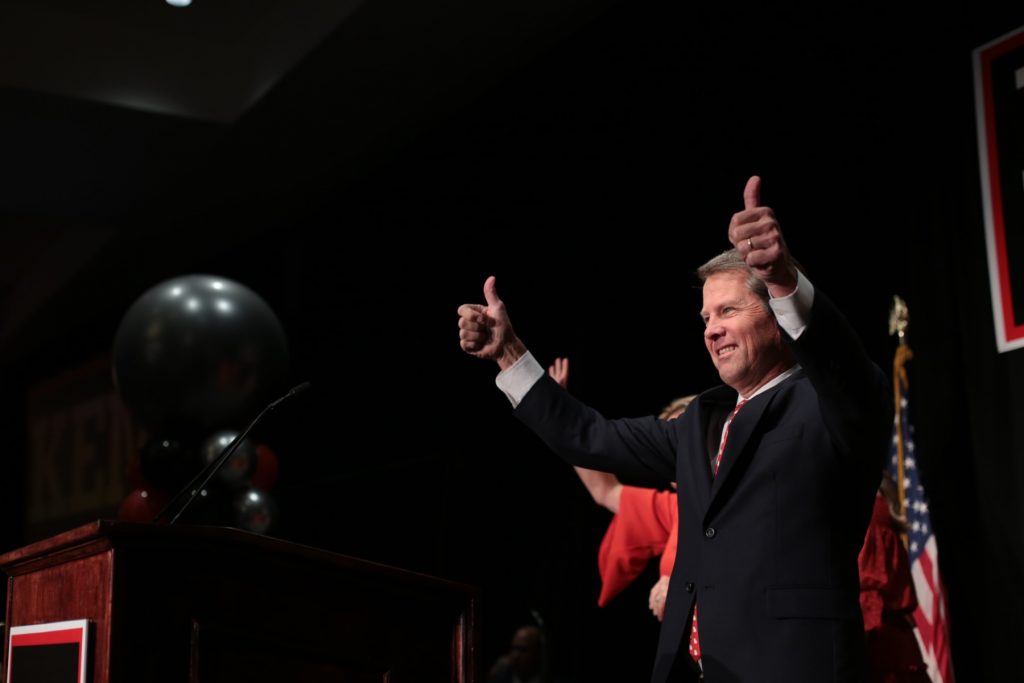 Hala Moddelmog, president and CEO of the Metro Atlanta Chamber, said the chamber will work with Gov.-elect Brian Kemp, shown during election night, and focus “on the things that can drive economic development.” (Ian Palmer for WABE)