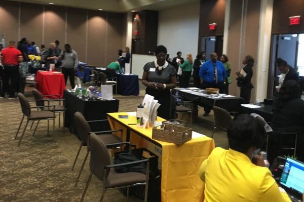 Students at Georgia Piedmont Technical College are often recruited by companies at job fairs like this. However, an increasing number of students are transferring to four-year colleges. (Martha Dalton/WABE)