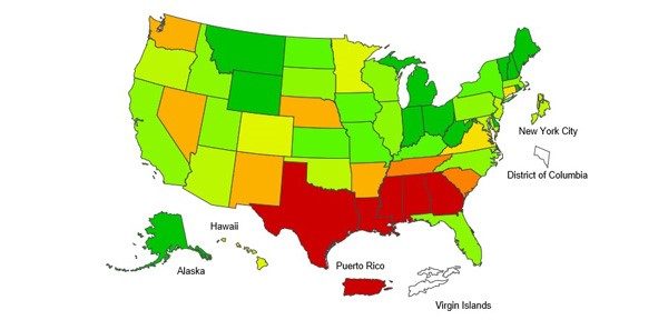 States with high flu activity are in red and dark orange.
