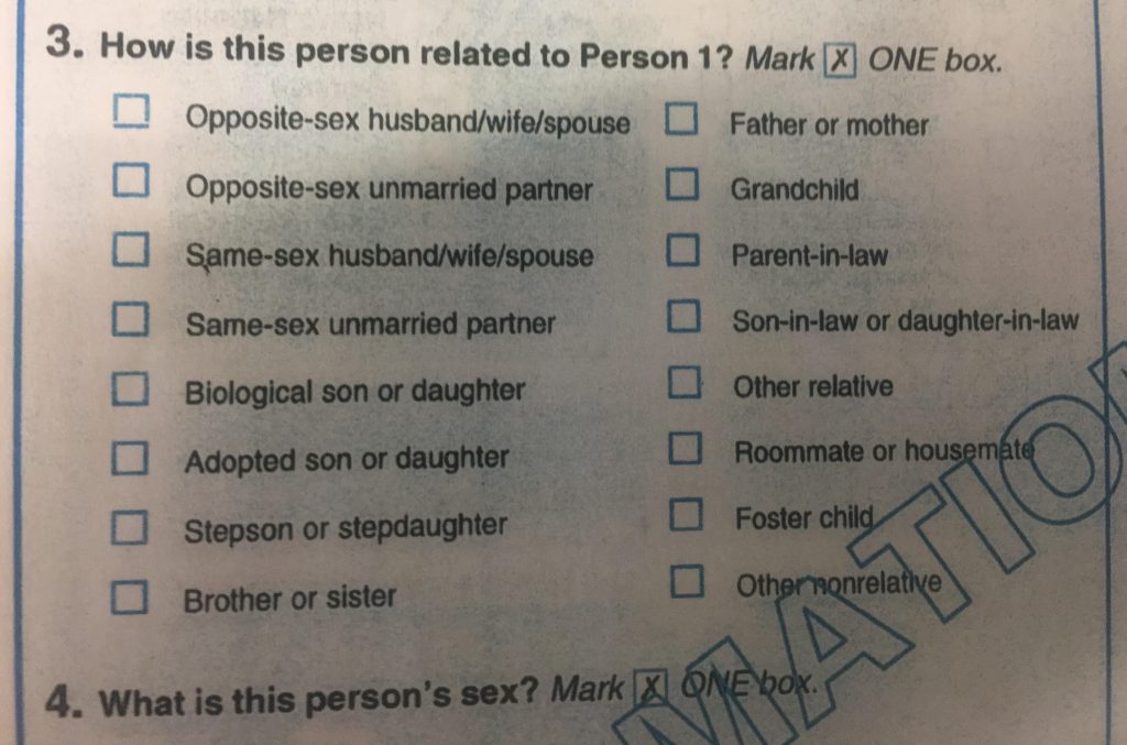 A question on the 2020 Census form about relationships.