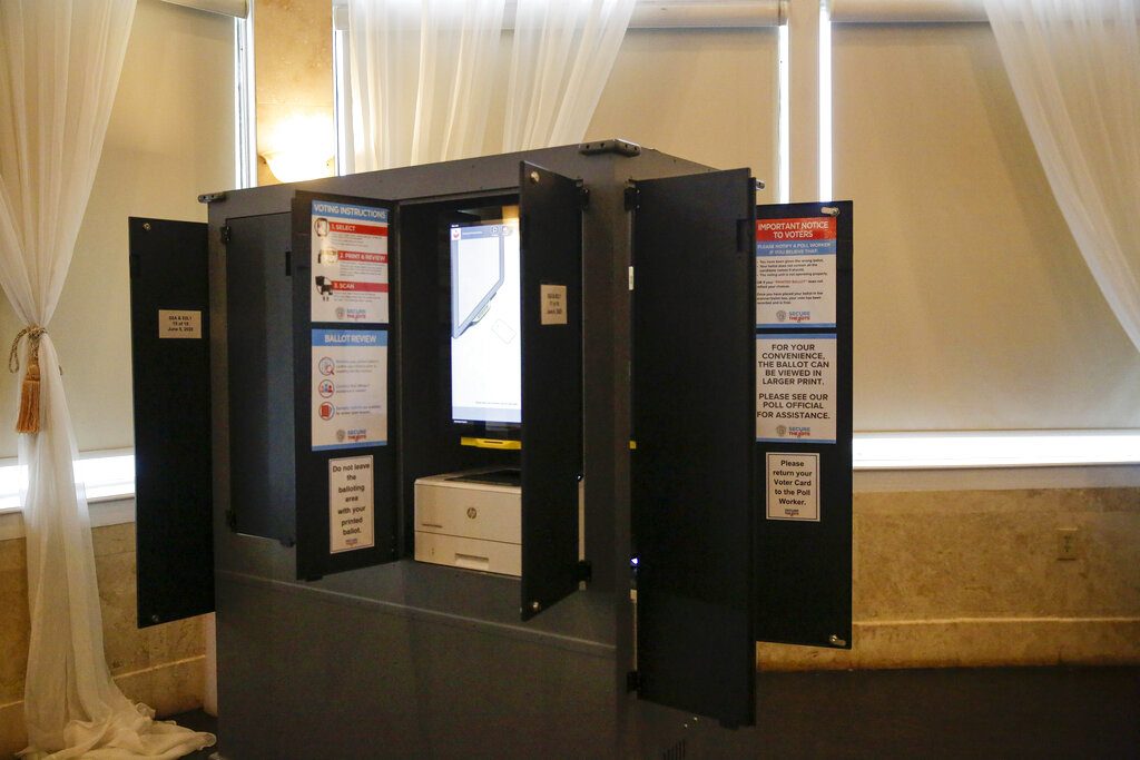 A new state-issued voting machines is seen at Park Tavern used for Georgia's primary election on June 9. 