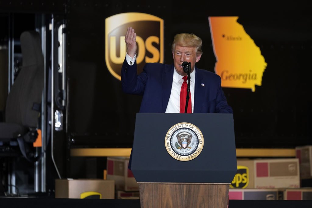 President Donald speaks during an event on American infrastructure at UPS Hapeville Airport Hub, Wednesday near Atlanta.