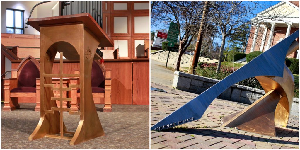 Odeleye crafted the lectern, left, at Ebenezer Baptist Church. And on Cascade Road, there’s working steel sundial, right, he created. 