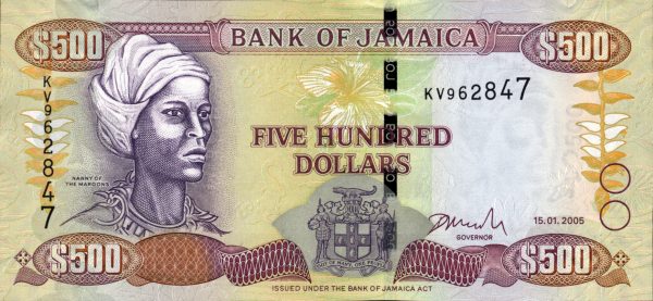 An image of the Jamaican $500 bill depicts Queen Nanny of the Maroons. (The Banknote Book)