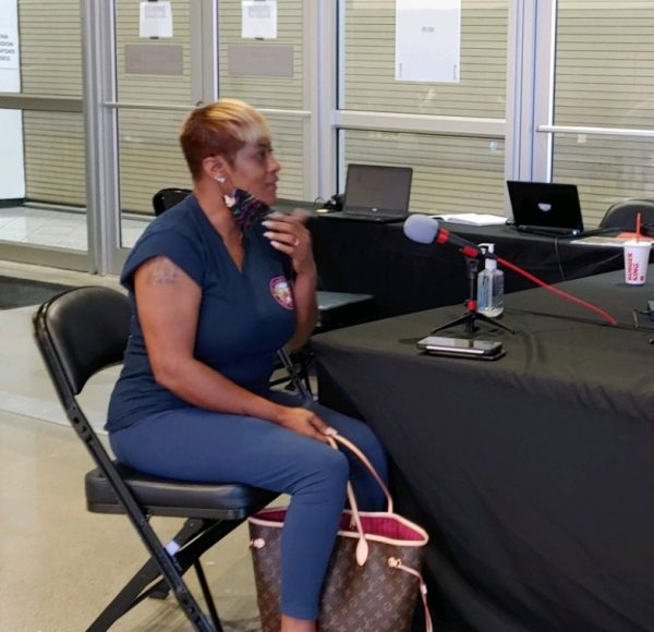  Voter Courtnie Owens talked to “Morning Edition” host Lisa Rayam about her reasons for getting out Monday morning to cast her vote early.