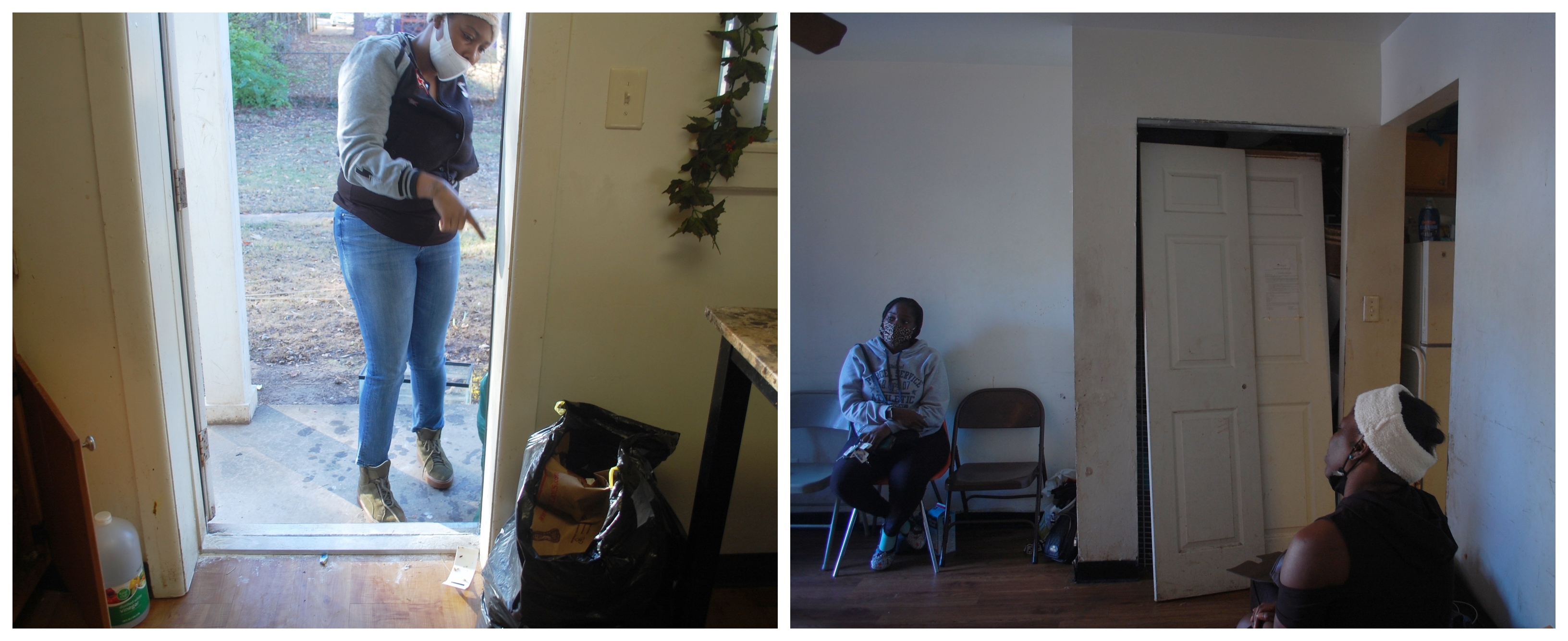 The tenants behind the new residents association at Trestletree say management issues constant lease violations and bans visitors from the complex while questioning their requests for repairs. Here, the tenants point out ongoing roach infestations and broken closet doors. (Photos by Stephannie Stokes/WABE)