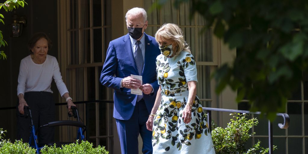 Former first lady Rosalynn Carter looks on Thursday as President Joe Biden and first lady Jill Biden leave the home she shares with former President Jimmy Carter in Plains during a trip to mark Biden’s 100th day in office.