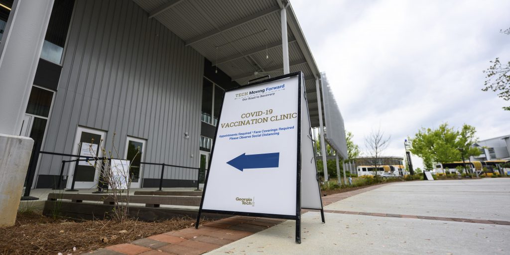 The entrance to the Vaccination Site on the campus of Georgia Tech is shown on April 8. Georgia's 26 public universities and colleges are supposed to make sure vaccinations are available on campus or through a local partnership, but schools won't be “responsible for assessing current COVID-19 vaccination rates for their institution.”