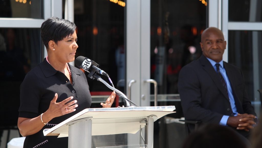 Atlanta Mayor Keisha Lance Bottoms speaks at the dedication of a new statue to boxing legend Evander Holyfield. (Emil Moffatt/WABE)