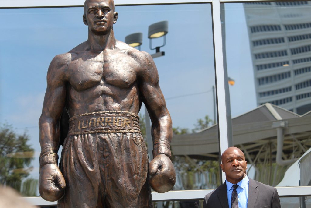 A 10-foot statue of Evander Holyfield now stands outside State Farm Arena in Atlanta. (Emil Moffatt/WABE)