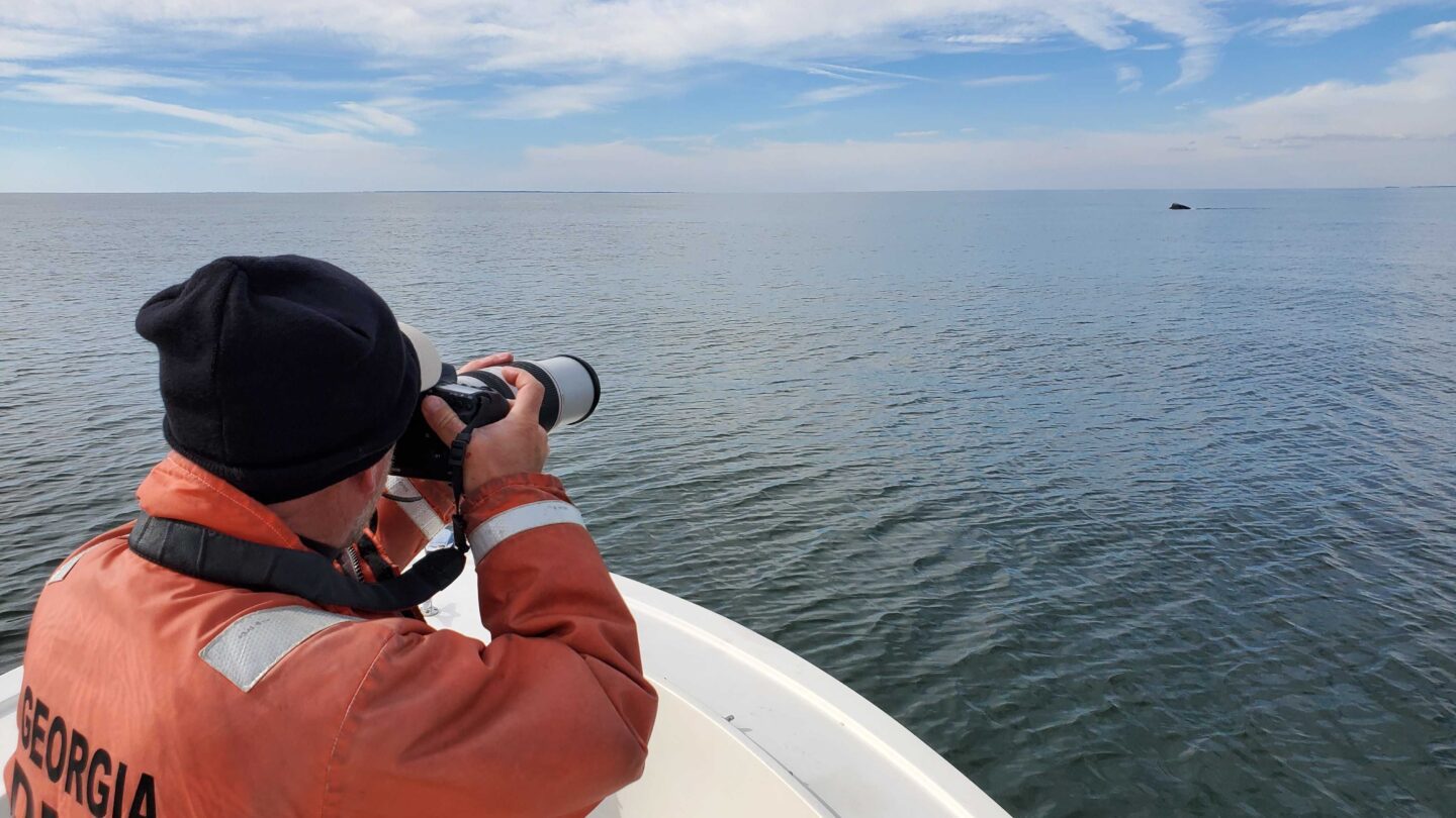 man in a boat points a camera at a whale in the distance