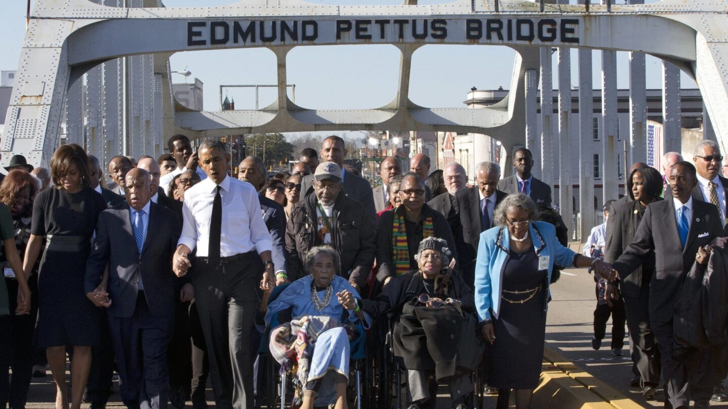 Barack Obama, Michelle Obama, Malia Obama, Sasha Obama, Marian Robinson, Amelia Boynton, Laura Bush, John Lewis