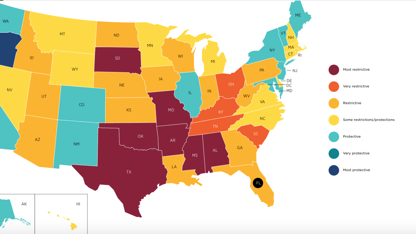 The map reflects state abortion policies in effect as of July 20, 2022. / Guttmacher Institute.