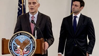 Democratic Sen. Jon Ossoff and U.S. Veterans Affairs Secretary Denis McDonough toured the Atlanta VA Medical Center to promote the PACT Act. WABE/Jess Mador