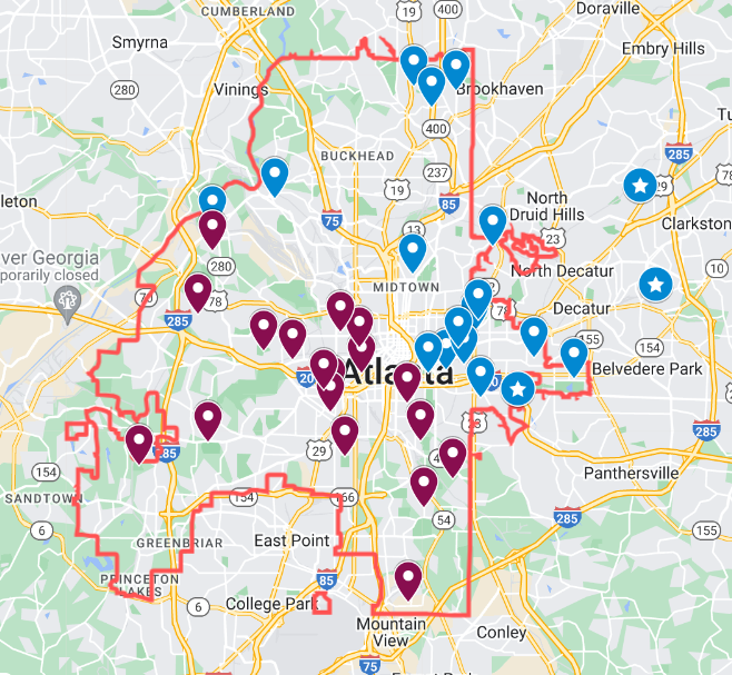 A map of grant recipient parks throughout the Metro Atlanta region, divided by City of Atlanta parks, DeKalb County parks and those which are in census-defined historically disadvantaged communities.