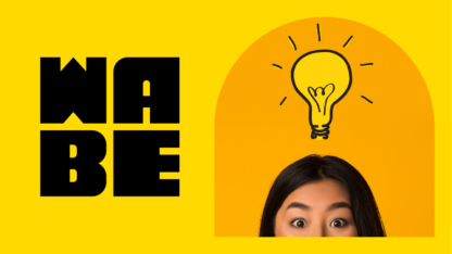 WABE's black logo against a yellow background. On the right, half of a face peeks out, and a drawing of a lightbulb hovers above it.