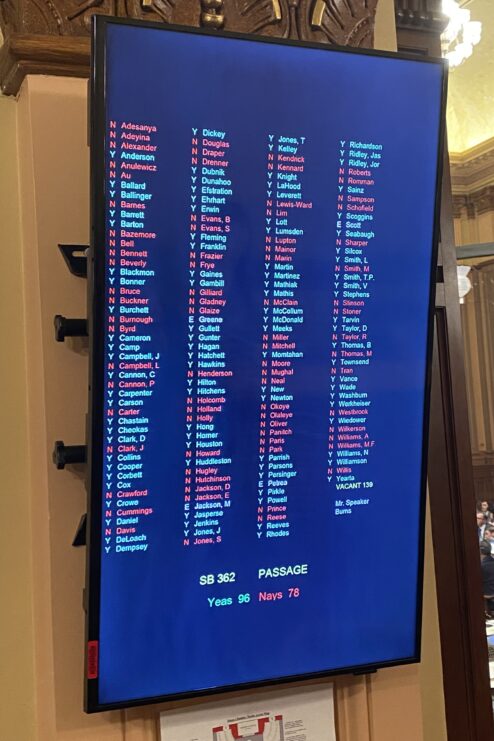 A board filled with the names of Georgia's House Reps, color coded green and red based on how they voted for senate bill 362.