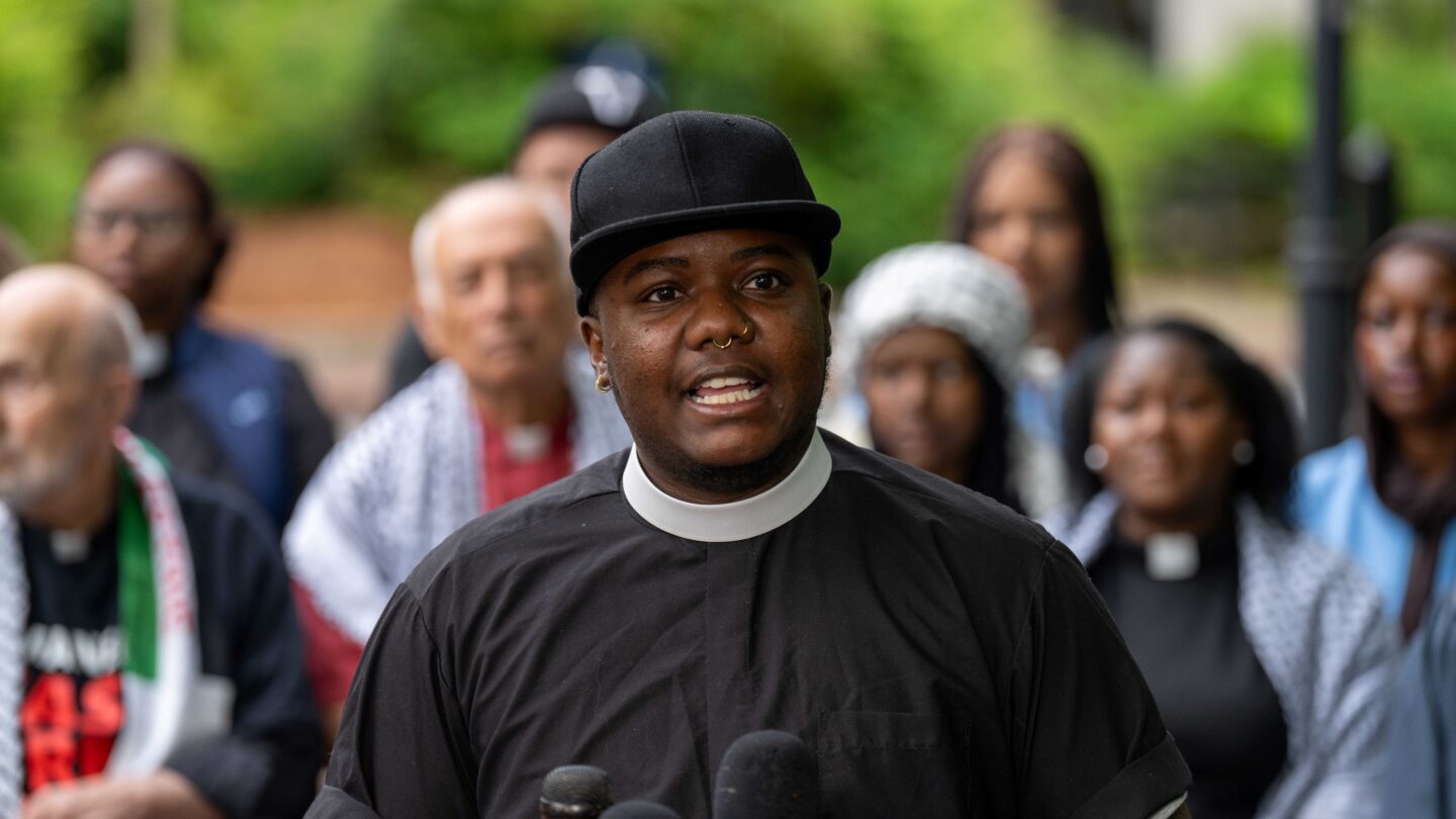 Faith leader Rev. Leo Seyij Allen speaks during a press conference on the Emory University campus on Tuesday, April 30, 2024.