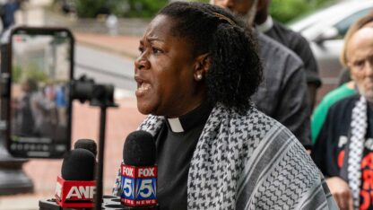 Faith leader Rev. Keyanna Jones, a co-pastor at Park Avenue Baptist Church in Atlanta’s Grant Park, speaks during a press conference on the Emory University campus on Tuesday, April 30, 2024.