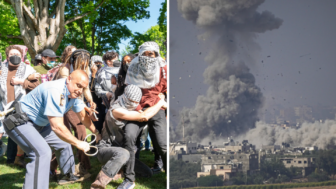 Right photo: Arrests made at Emory University during a protest on April 5, 2024. Left photo: Israeli airstrike in the Gaza Strip on Oct. 23, 2023.