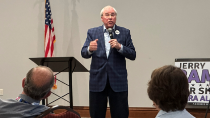 John Barrow speaks to a Democratic group in Hoschton, Ga., on Monday, April 15, 2024, seeking support in his race for the Georgia Supreme Court. Barrow is basing his campaign for the high court around his support for abortion rights as he challenges incumbent Justice Andrew Pinson in a nonpartisan election in May.