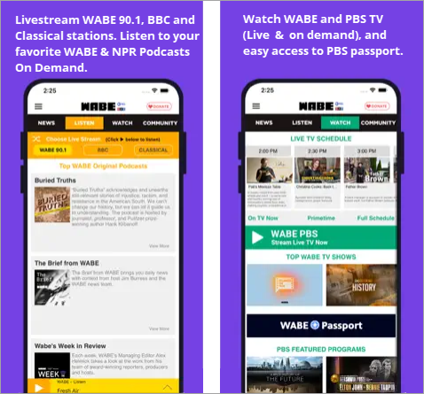 WABE Mobile App Screens