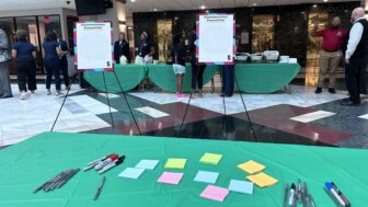 A table with pens and sticky notes in front of empty boards.