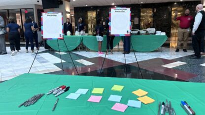 A table with pens and sticky notes in front of empty boards.