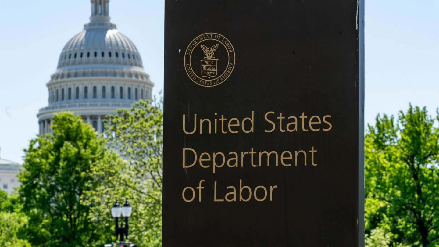 In this May 7, 2020, file photo, the entrance to the Labor Department is seen near the Capitol in Washington.