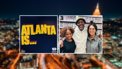 The Atlanta Is podcast hosts pose for a picture in front of a bookshelf