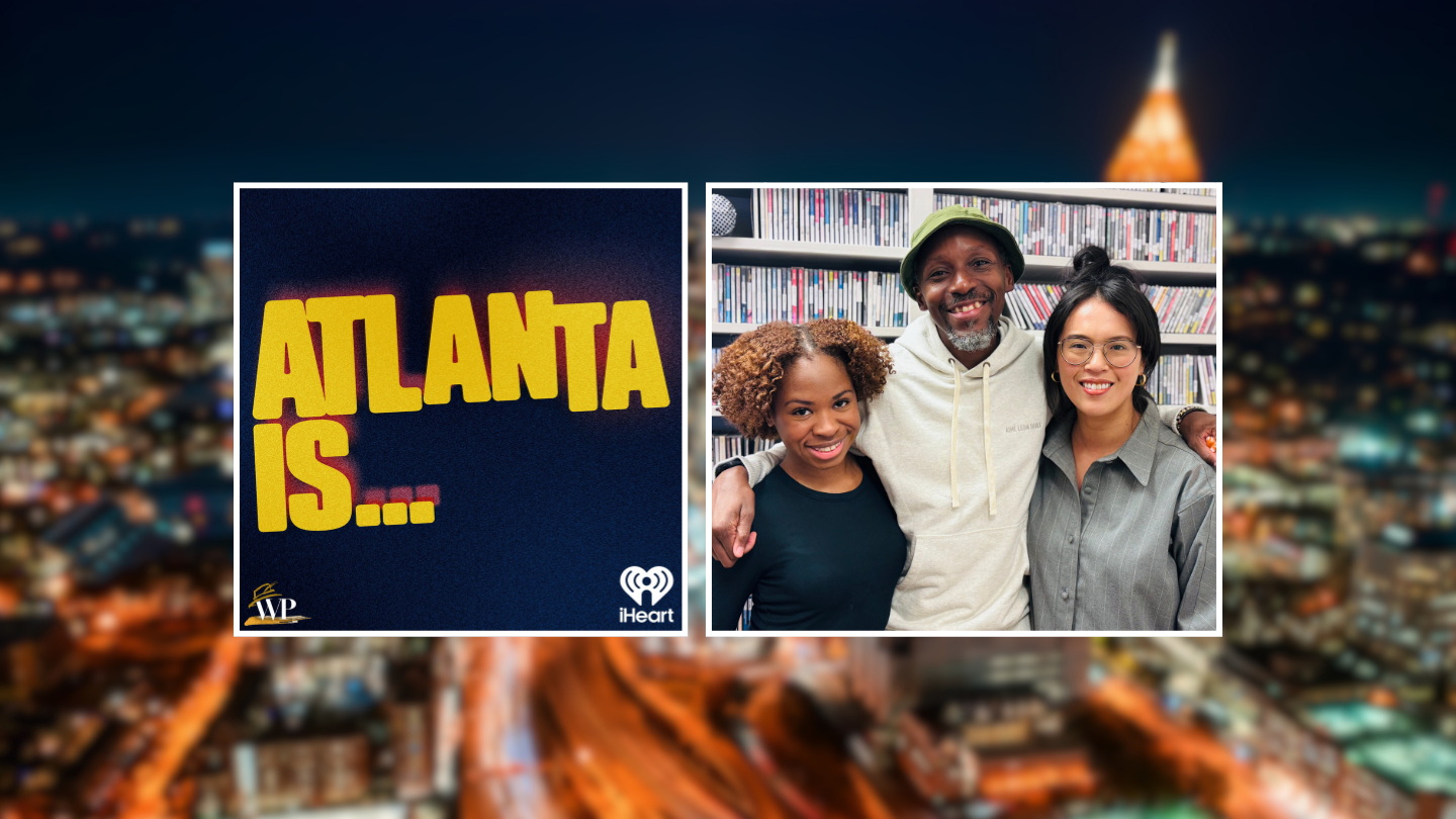 The Atlanta Is podcast hosts pose for a picture in front of a bookshelf