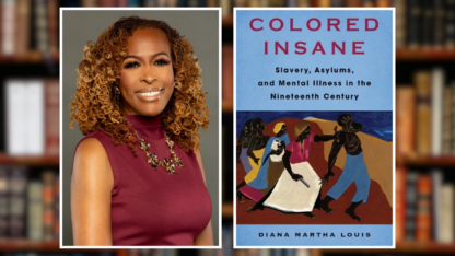 A portrait of Diana Martha Louis on the left, with a picture of the cover of her new book on the right.