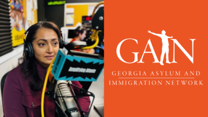 On the left, Alpa Amin sits in the WABE studio. On the right, the orange logo of the Georgia Asylum and Immigration Network.