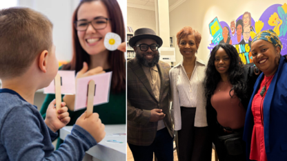 On the left, an educator is teaching a student. On the right, special education advocates stand in a row.