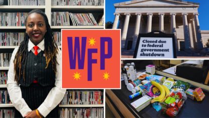 On the left, a photo of Fallon McClure standing in front of a bookshelf. On the top right, a photo of a sign informing of the government shutdown. On the bottom right, groceries at a checkout conveyor belt.