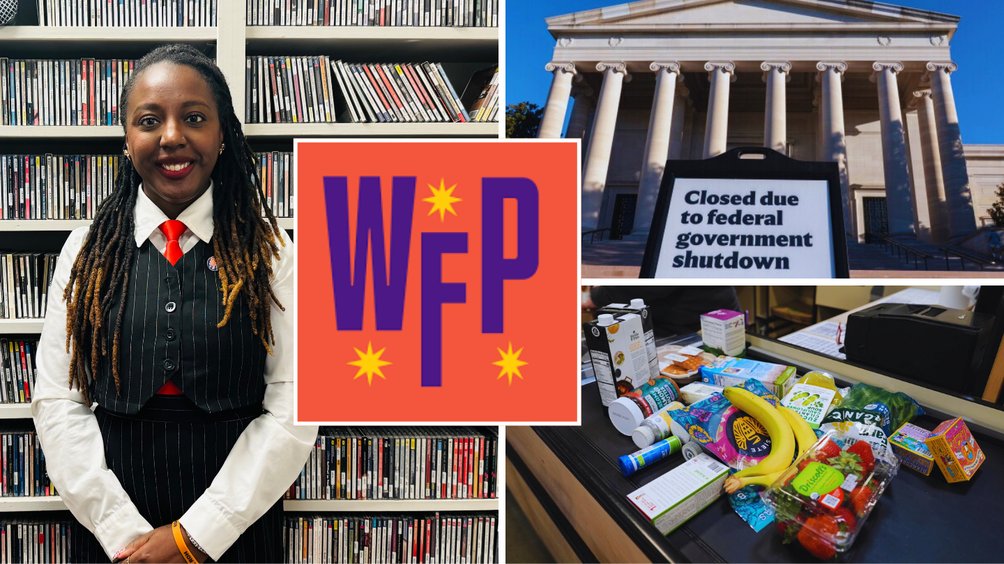 On the left, a photo of Fallon McClure standing in front of a bookshelf. On the top right, a photo of a sign informing of the government shutdown. On the bottom right, groceries at a checkout conveyor belt.