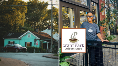 On the left, Grant Park Coffeehouse, and on the right, Rahel Tafari poses in front of the coffeehouse