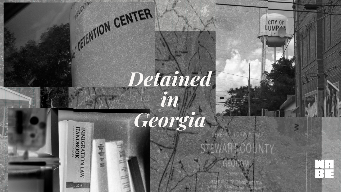 A collage of black and white photos of areas surrounding the Stewart Detention Center, an ICE immigration detention center in Lumpkin, Georgia.