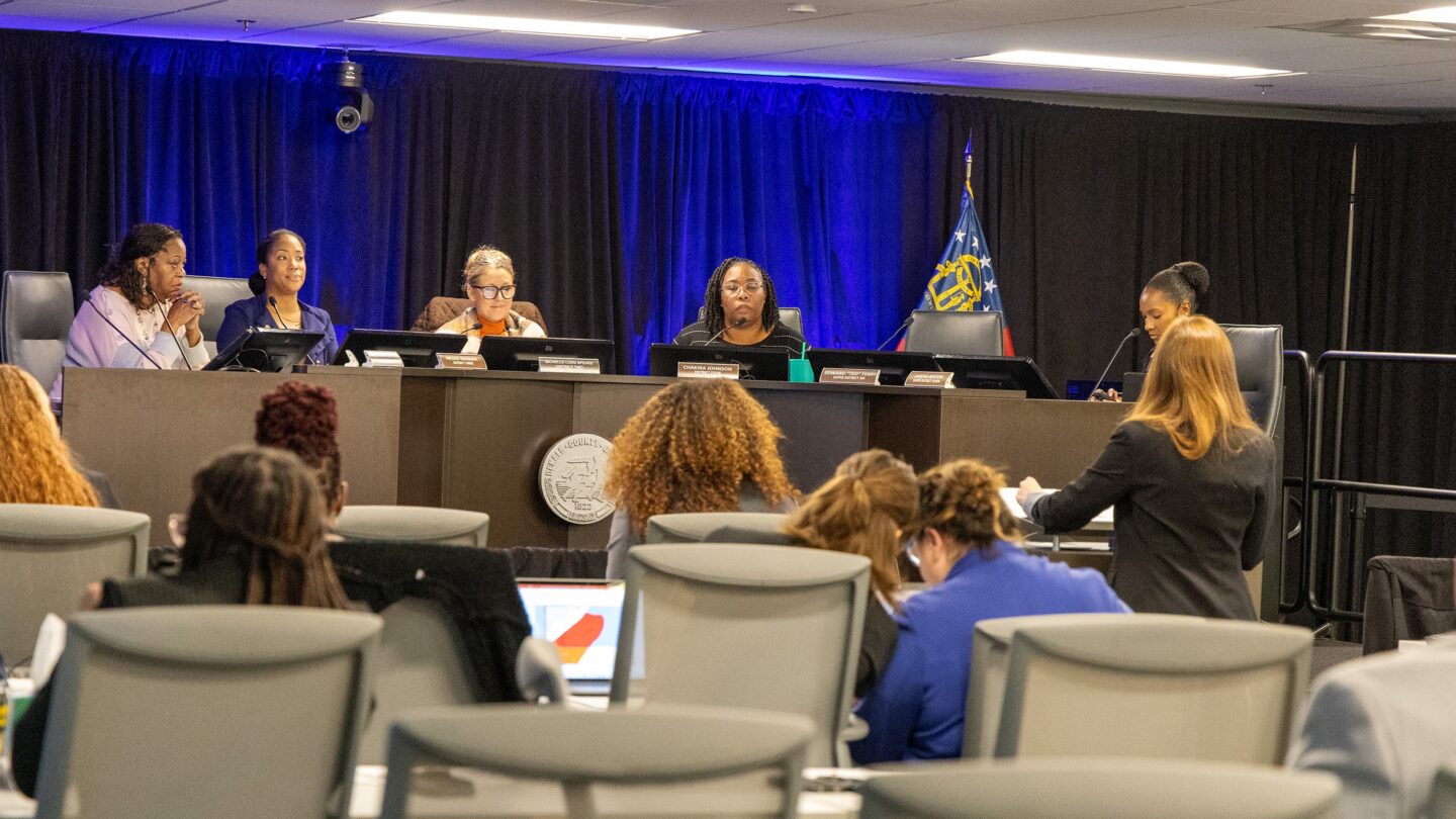 DeKalb County Commissioners Mereda Davis Johnson, Nicole Massiah, Michelle Long Spears, Chakira Johnson, LaDena Bolton, and Ted Terry, joining virtually, deferred a data center ordinance and proposal during a meeting on Nov. 20, 2025.